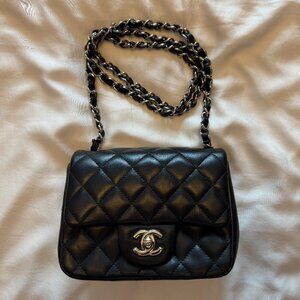 Chanel Mini Classic Handbag Lambskin Silver Tone Metal Black